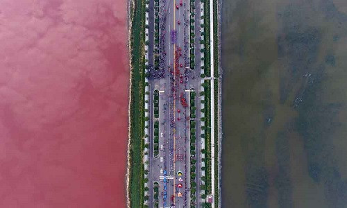 Một góc hồ nước muối cổ đại ở Vận Thành, tỉnh Sơn Tây, chuyển sang màu hồng do sự phát triển của một loại tảo sắc đỏ. Bức ảnh được chụp ngày 25/9/2016. Tạp chí Time bình chọn bức ảnh này vào Top 100 bức ảnh của năm 2016.