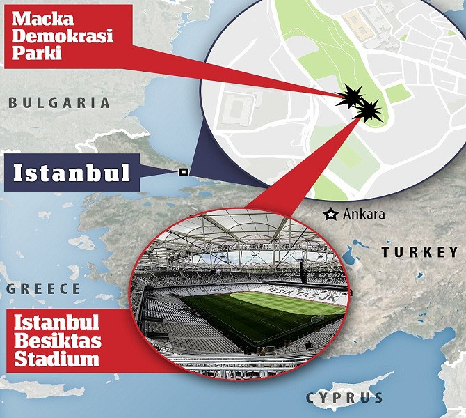Daily Mail đưa tin, hai vụ đánh bom ở Thổ Nhĩ Kỳ đã làm rung chuyển thành phố Istanbul tối 10/12 (giờ địa phương).