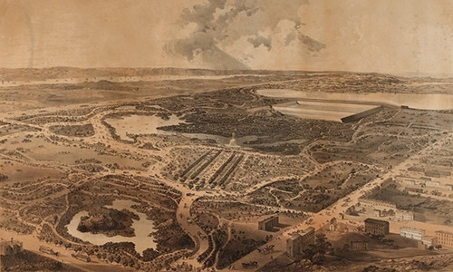 Đàn cừu ăn cỏ trong công viên trung tâm ở thành phố New York trong khoảng thời gian từ những năm 1860 đến năm 1934 khi chúng được chuyển tới công viên Prospect ở Brooklyn và tiếp đến là một trang trại ở núi Catskill. Ảnh chụp công viên trung tâm nhìn từ trên cao năm 1864. Ảnh: BI.