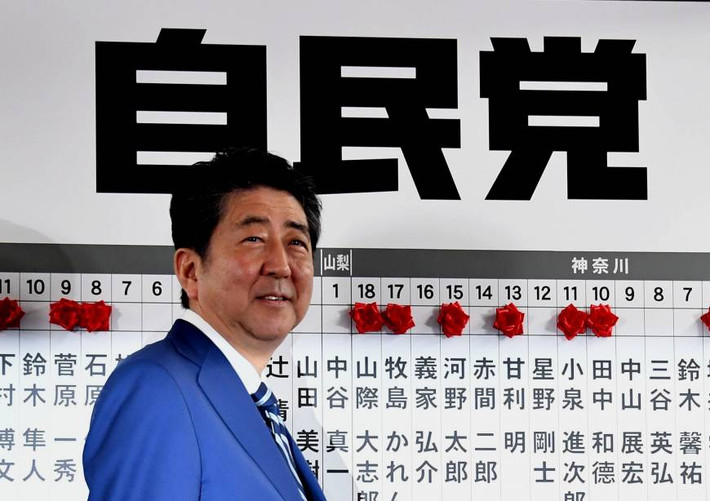 Theo kết quả kiểm phiếu sáng 23/10, liên minh cầm quyền Đảng Dân chủ Tự do (LDP) và Komeito đã giành được 312 trên tổng số 465 ghế tại Hạ viện Nhật Bản, trong đó Đảng LDP của Thủ tướng Shinzo Abe giành được 283 ghế. Ảnh: Japantimes.