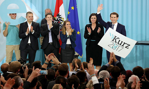 Ngoại trưởng Áo, lãnh đạo đảng bảo thủ OVP, ông Sebastian Kurz (ngoài cùng bên phải) cùng các thành viên cốt cán trong đội ngũ tranh cử ăn mừng trước biển người ủng hộ sau khi kết quả cho thấy đảng này giành được nhiều phiếu nhất (31,4%) trong cuộc tổng tuyển cử ngày 15/10.