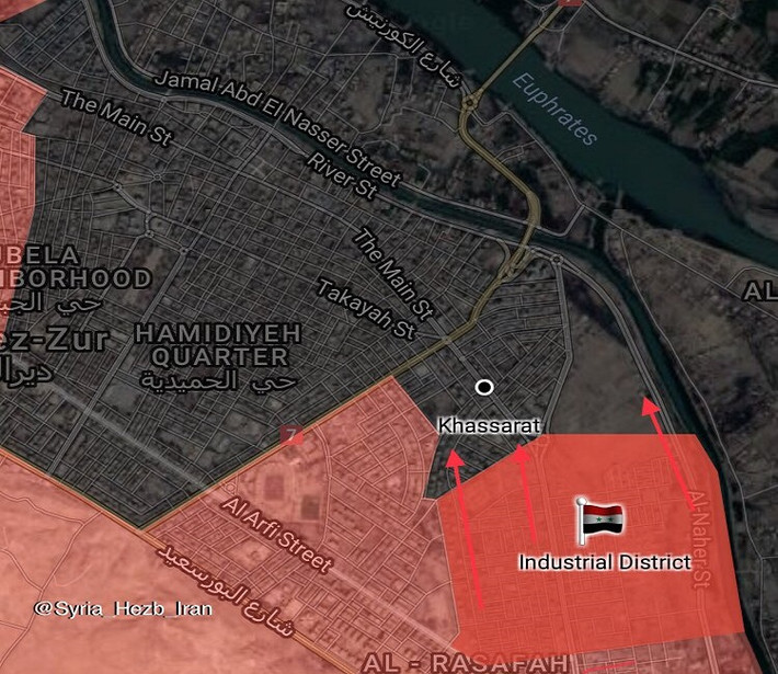 Trước đó, ngày 25/10, quân đội Syria và Lực lượng Quốc phòng (NDF) đã giải phóng khu công nghiệp và phần lớn quận Khassarat của thành phố Deir Ezzor. Ảnh: SF.