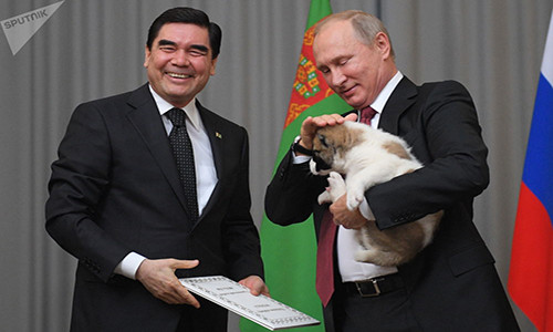 Có thể nói, Tổng thống Putin là người rất yêu động vật. Hôm 7/10 vừa qua, Tổng thống Turkmenistan Gurbanguly Berdimuhamedow (trái) đã gửi tặng đến người đồng cấp Vladimir Putin món quà là một chú chó nhỏ, nhân dịp sinh nhật lần thứ 65 của nhà lãnh đạo Nga. Ảnh: Sputnik.