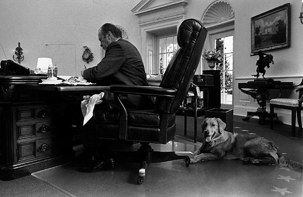 Tổng thống Mỹ Gerald Ford và chú chó Liberty trong Phòng Bầu dục của Nhà Trắng ở Washington ngày 7/11/1974.