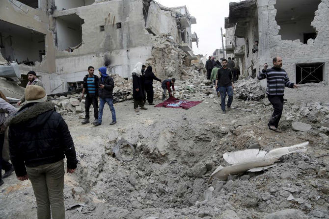 Cảnh tượng đổ nát tại thị trấn Maaret al-Numan, tỉnh Idlib, ngày 12/1.