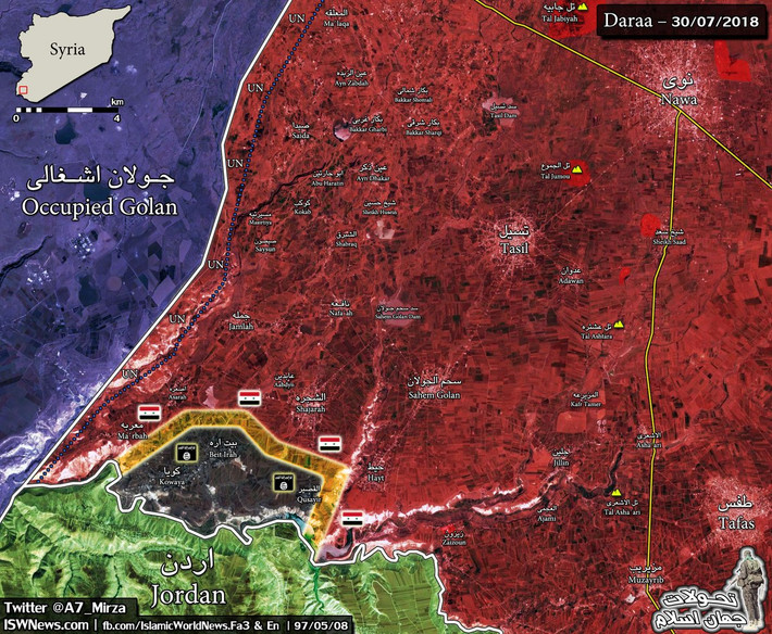 Và sau khi chiếm nốt 50 km2 còn lại, lực lượng chính phủ Damascus sẽ giành quyền kiểm soát hoàn toàn khu Yarmouk Basin cũng như toàn bộ tỉnh Daraa lần đầu tiên kể từ năm 2011. Ảnh: AMN.