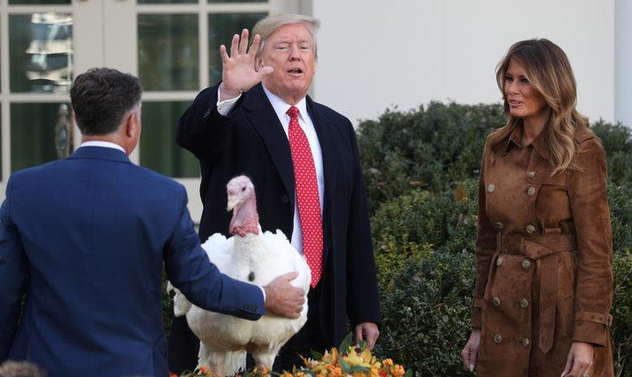 Theo hãng thông tấn Reuters, Tổng thống Trump đã thực hiện nghi thức xá tội cho hai chú gà tây có tên Bread (Bánh mỳ) và Butter (Bơ) tại Nhà Trắng hôm 26/11 trong dịp Lễ Tạ ơn năm nay. (Nguồn ảnh: Reuters)