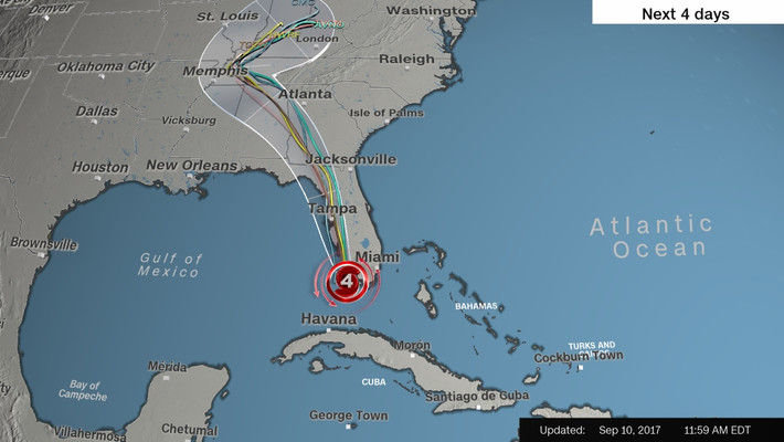 Ảnh chụp đường đi của bão Irma được cập nhật hôm 10/9. Ảnh: CNN.