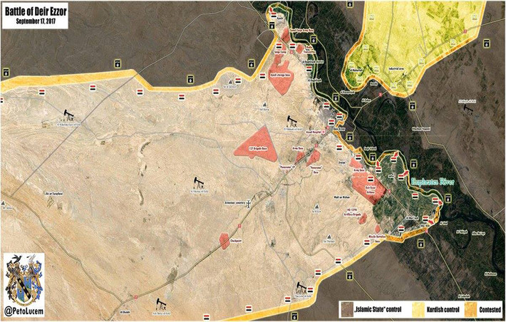 Quân đội Syria tấn công vũ bão ở Deir Ezzor khi liên tục giành thắng lợi trước nhóm khủng bố IS. Ảnh: Bản đồ chiến sự ở Deir Ezzor ngày 17/9. Ảnh: AMN.