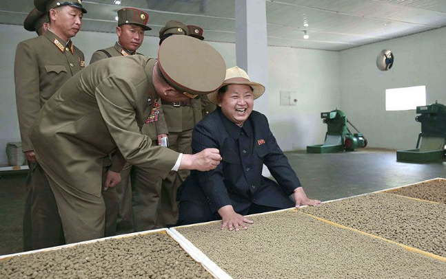 Ông Kim cười “thả ga” trong chuyến thăm một trại cá khác. Ảnh: Telegraph.