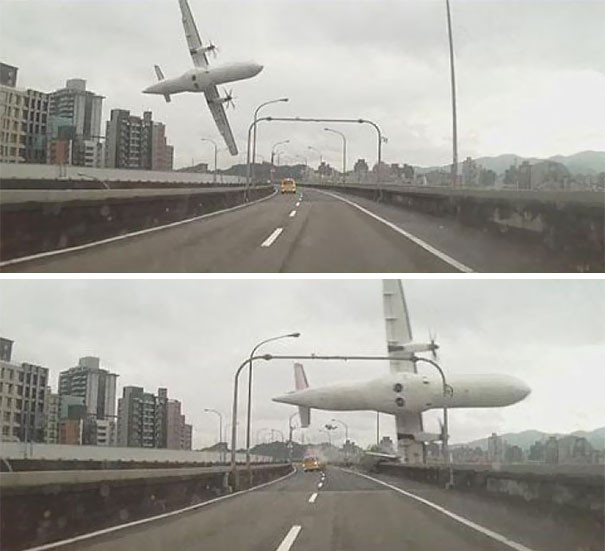 Khoảnh khắc này được ghi lại trước khi chiếc máy bay của TransAsia chở 58 người bị rơi xuống sông Keelung ở Đài Loan hồi năm 2015. Chỉ 15 người may mắn sống sót.
