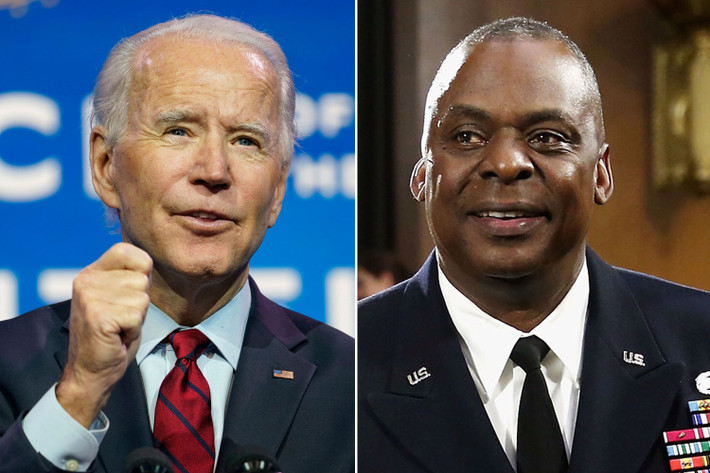Ngày 7/12/2020, Tổng thống đắc cử Mỹ Joe Biden (trái) quyết định đề cử tướng nghỉ hưu Lloyd Austin làm Bộ trưởng Quốc phòng Mỹ trong nội các của ông. Ảnh: NYP.