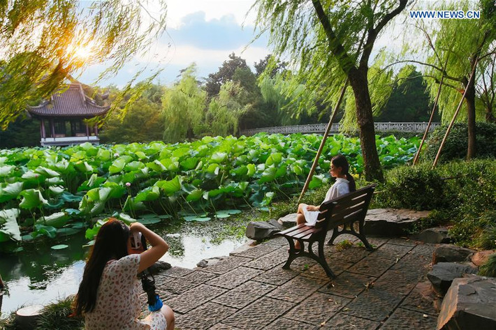 Hai cô gái trẻ chụp ảnh bên bờ Hồ Tây ở Hàng Châu.