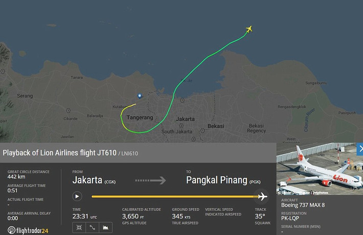 Reuters dẫn thông tin từ Cơ quan tìm kiếm cứu nạn quốc gia Indonesia cho biết, máy bay của hãng hàng không Lion Air đã mất liên lạc với trạm kiểm soát không lưu vào lúc 6h33 sáng ngày 29/10 (theo giờ địa phương). Ảnh: Flightradar24.