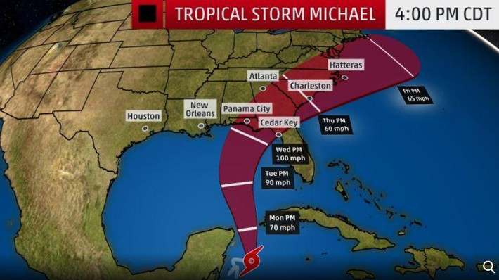 Trong khi đó, toàn bộ 120.000 người ở Florida đã được lệnh sơ tán đến nơi an toàn trước khi cơn bão Michael ập tới. Ảnh: Weather Chennel.