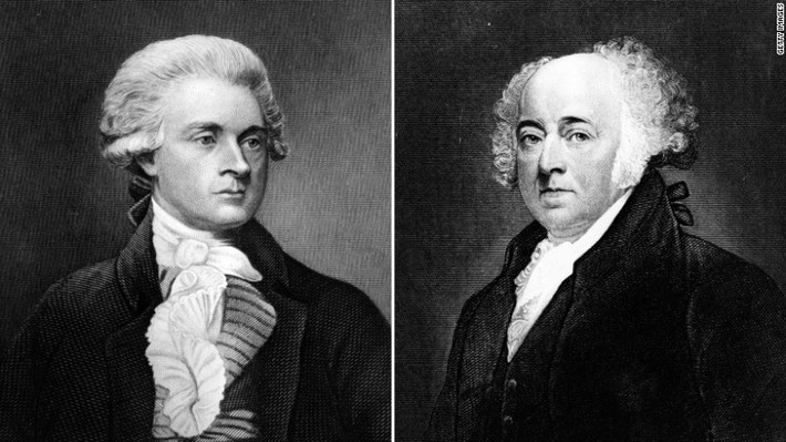 Năm 1801, Tổng thống Mỹ John Adams (phải) quyết định không dự lễ nhậm chức của người kế nhiệm ông là Thomas Jefferson (trái). Ông John Adams rời thủ đô Washington lúc 4 giờ sáng ngày 4/3/1801 để trở lại quê nhà tại Quincy, bang Massachusetts. Ảnh: CNN.