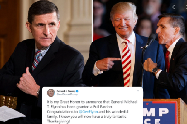 "Tôi rất vinh dự thông báo rằng Tướng Michael T. Flynn đã được ân xá hoàn toàn. Xin chúc mừng @GenFlynn và gia đình tuyệt vời của ông ấy, tôi biết giờ đây ông sẽ có một Lễ Tạ ơn thực sự tuyệt vời!", nhà lãnh đạo Mỹ viết trên trang Twitter cá nhân. Ảnh: The Sun.