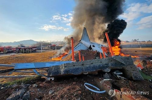 Hãng Yonhap dẫn lời các nhà chức trách sân bay cho biết chiếc máy bay của hãng Jeju Air gặp nạn khi đang cố gắng hạ cánh khẩn cấp do bánh đáp gặp trục trặc, sau lần hạ cánh đầu tiên không thành công. Ảnh: Yonhap.