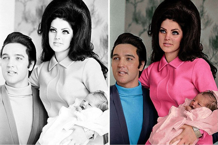 Các bức ảnh đen trắng được tô màu đều có từ thế kỷ 20. Trong ảnh là danh ca Elvis Presley và vợ Priscilla Presley cùng bé Lisa Marie.