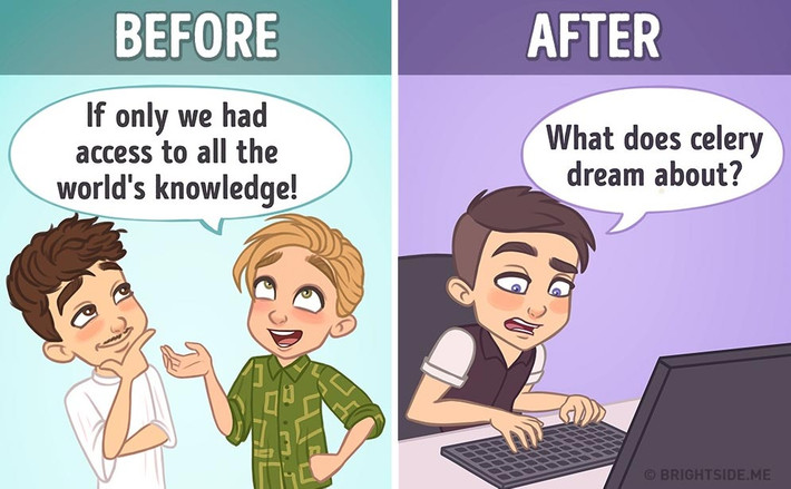 Mọi câu hỏi bế tắc trước kia (trái) đều có lời giải đáp trên mạng.