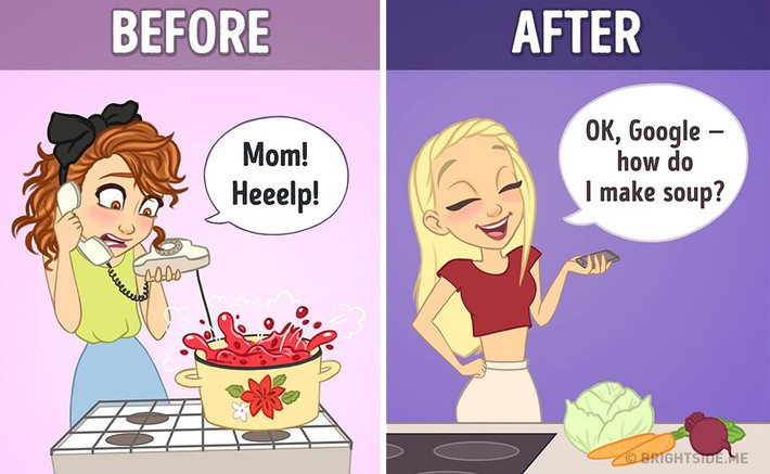 Cô dâu vụng mới về nhà chồng trước kia chỉ biết gọi điện thoại cầu cứu mẹ đẻ (trái), nhưng hiện nay chỉ cần ra lệnh cho trợ lý ảo của Google để tìm kiếm công thức nấu ăn.