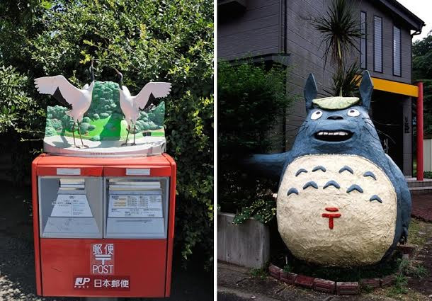 Tượng hai con chim nhảy múa và một hòm thư khác mang hình nhân vật hoạt hình Totoro.