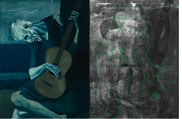 Nhạc công guitar già – The old guitarist của Pablo Picasso Trong thời kì 1901-1904, hoạ sĩ lừng danh Picasso phải đối mặt với một cuộc sống chật vật với chi phí eo hẹp cho các tác phẩm nghệ thuật của mình. Ông buộc phải dùng một số thủ thuật, thay vì vẽ lên vải chuyên dụng dành cho hoạ sĩ (canvas), Picasso đã phải dùng đỡ những tấm bìa cứng để vẽ. Chính vì thế mà khi có tiền mua được vải chuyên dụng, chúng thường được tái sử dụng nhiều lần. Bức tranh nổi tiếng Nhạc công guitar già là một ví dụ.