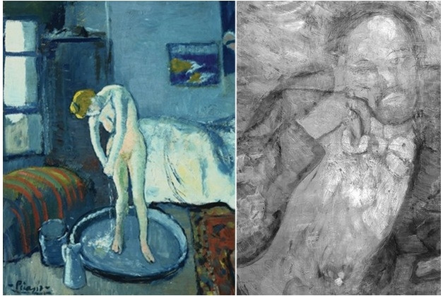 Căn phòng màu xanh của Pablo Picasso Kiệt tác Căn phòng màu xanh của Pablo Picasso cũng không ngoại lệ khi có một tác phẩm thứ hai ẩn bên dưới. Qua chụp hồng ngoại, bạn sẽ tiếp tục bất ngờ khi thấy hình ảnh một người đàn ông có râu ăn mặc trang nhã và tay đeo nhiều chiếc nhẫn. Bức tranh này đã chịu chung số phận với người đàn bà trong bức Nhạc công guitar già trong thời kì khó khăn của Picasso. Qua đó càng khẳng định tài năng xuất chúng của ông và những cống hiến vô giá cho nền hội hoạ thế giới.