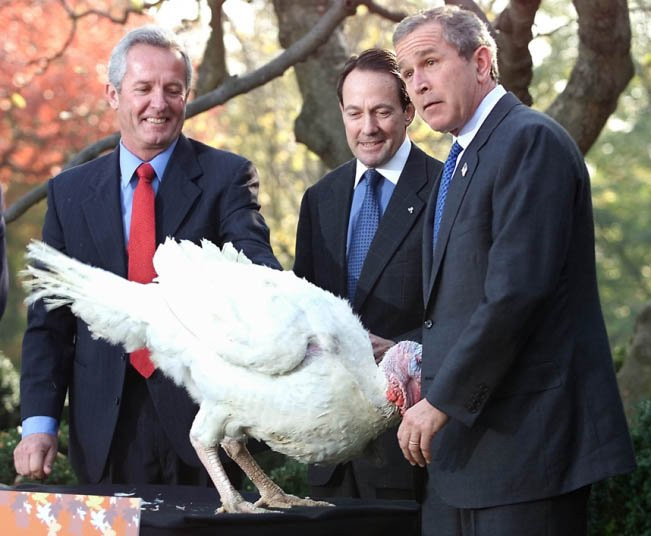 Cựu Tổng thống Mỹ George W. Bush bị gây bất ngờ bởi con gà tây tên là "Tự do" tại Vườn Hồng ở Nhà Trắng năm 2001.