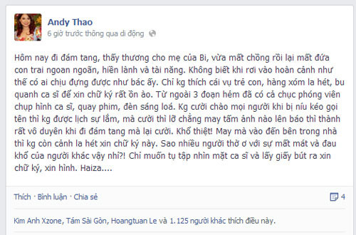 Đến mức ca sĩ Thanh Thảo sau khi đến viếng ra về đã bức xúc chia sẻ trên trang Facebook cá nhân: "Hôm nay đi đám tang, thấy thương cho mẹ của Bi, vừa mất chồng rồi lại mất đứa con trai ngoan ngoãn, hiền lành và tài năng. Chỉ không thích cái vụ trẻ con, hàng xóm la hét, bu quanh ca sĩ để xin chữ ký rất ồn ào. Từ ngoài 3 đoạn hẻm đã có cả chục phóng viên chụp hình ca sĩ, quay phim, đèn sáng lóa.”