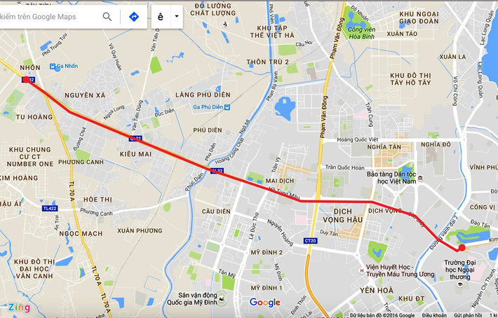 Tuyến đường sắt trên cao Nhổn - Ga Hà Nội (từ Nhổn - Thủ Lệ). Ảnh: Google maps.