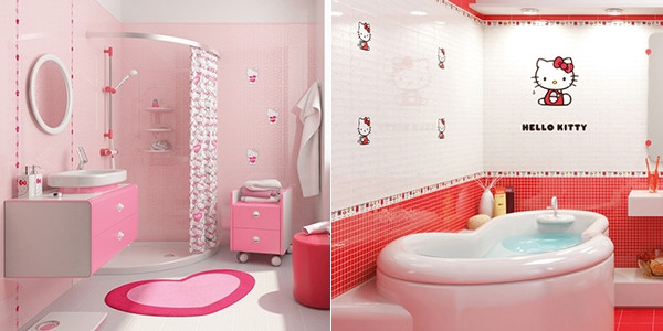 Phòng tắm chủ đề Hello Kitty: Cô mèo ngộ nghĩnh không miệng đã trở thành hình ảnh không bao giờ phai, gắn liền với tuổi thơ của những cô công chúa đáng yêu. Hãy để bé mê tít không gian này mỗi ngày.