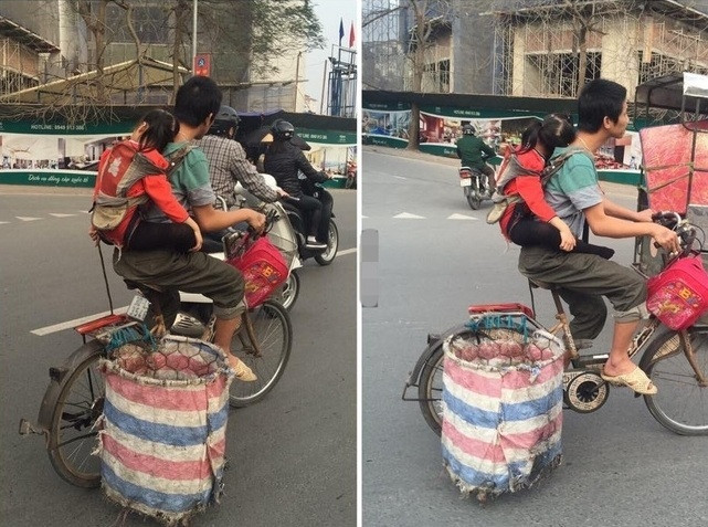 Hình ảnh người cha chở con đi nhặt rác.