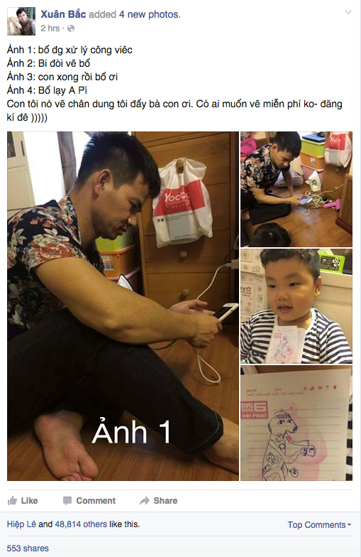 Loạt ảnh do Xuân Bắc đăng tải kèm dòng chú thích hài hước "tường thuật" lại câu chuyện của hai bố con đã thu hút rất nhiều sự chú ý của người hâm mộ. Chỉ khoảng một tiếng sau khi đăng tải, dù giữa đêm khuya nhưng status của danh hài đất Bắc đã thu hút hàng chục nghìn lượt "like", bình luận và hàng trăm lượt chia sẻ.