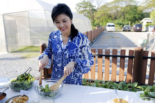 Bà Yingluck Shinawatra còn tự tay cắt những cây rau sạch để làm salad mời mọi người ăn ngay tại vườn.