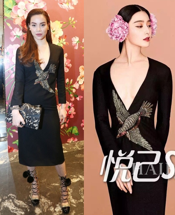 Đây không phải lần đầu tiên cặp đôi sao này đụng độ trang phục. Với cùng chiếc váy đen thêu tinh tế, họ đều rất sang trọng và gợi cảm