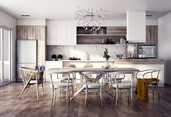 Trong phòng bếp cổ điển này, chiếc ghế ở đầu bàn ăn được thiết kế theo phong cách Scandinavia cổ điển, những chiếc ghế nhúng sơn màu trắng xám của Michael Thonet có vẻ kết hợp rất ổn với đá cẩm thạch ốp tường bếp cũng như màu trắng nội thất và tone màu gỗ của tủ bếp.