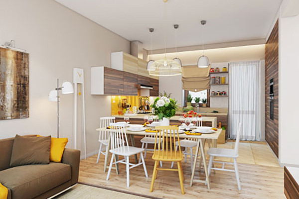 Sàn gỗ màu đậm như điểm đánh dấu sự chuyển đổi từ phòng khách được trải thảm đến phòng ăn tách biệt. Phòng ăn còn được tô điểm bằng những màu vàng bắt mắt tạo sự vui vẻ.