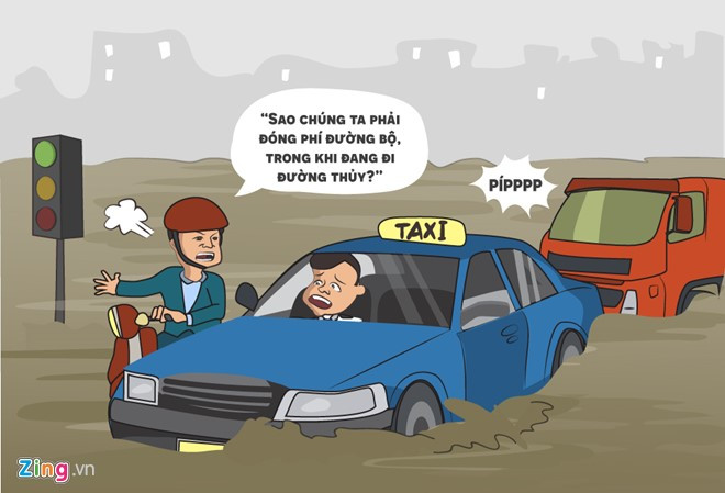 Mưa lớn kéo dài cũng khiến các tuyến đường quanh sân bay Tân Sơn Nhất ngập sâu. Đúng giờ tan tầm, xe cộ nối đuôi di chuyên khó khăn. Nhiều lái xe ngán ngẩm vì phải lội nước suốt buổi tối.
