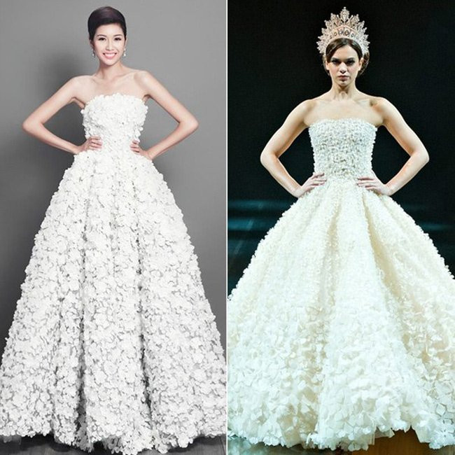 Chiếc váy hoa anh đào trắng mà nhà thiết kế Hoàng Minh Hà làm cho á hậu Thúy Vân ở Miss International cũng bị cho là có quá nhiều điểm trùng hợp với một thiết kế nước ngoài.