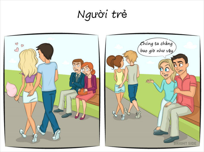 Những đôi trẻ yêu nhau coi việc thể hiện tình cảm tại nơi công cộng là chuyện bình thường. Người ngoài 30 lại không nghĩ như vậy.