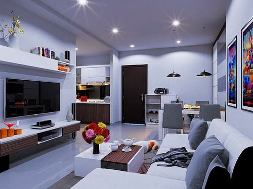 Ở đây, căn phòng khách và phòng ngủ sử dụng màu gỗ và màu trắng để làm chủ đạo. Căn phòng khách được bố trí phân khu vực vô cùng hợp lý, nó làm cho không gian nhà bạn trở nên gọn gàng hơn. Sofa bàn ăn, tủ giày được đặt ở một phía để làm lối đi thông thoáng và tránh sự va chạm, vướng víu mỗi khi qua lại. Vì căn hộ diện tích nhỏ nên tốt nhất là bạn hãy sử dụng màu sáng để làm chủ đạo, điều này sẽ mang đến cảm giác thoải mái hơn cho tinh thần, ngược lại với màu sơn nước tối tăm thì sẽ khiến cho không gian nhỏ bị ngợp. Để không gian trở nên ấm áp và nổi bật hơn thì bạn có thể xen kẽ với một số màu nóng hay nâu, xám…
