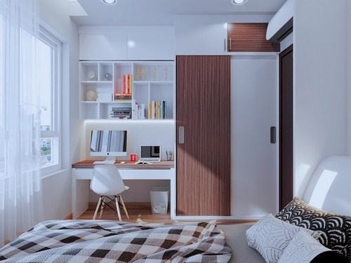 Thay vì sử dụng giường ngủ như thông thường, ở đây nhà thiết kế đã décor một hệ thống nâng sàn với dãy hộc kéo bên dưới sàn, có khả năng tiết kiệm được không gian và tạo cảm giác mới lạ hơn rất nhiều so với lối thiết kế truyền thống. Mọi ngóc ngách đều được tận dụng một cách hợp lý, điều đó được thể hiện rõ qua thiết kế tủ áo, tủ sách đụng trần, hộc tường làm kệ sách nhỏ sinh… tất cả đều phục vụ tối đa nhu cầu của gia chủ.