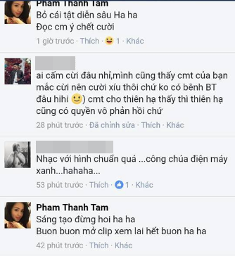 Sau đó, có một khán giả khác vào khen rằng đoạn clip này ghép nhạc và hình chuẩn, gọi Bảo Thy là "công chúa điện máy xanh" thì Tâm Tít nói ngay: "Sáng tạo đừng hỏi" và cho rằng đang buồn xem clip này sẽ hết buồn ngay.
