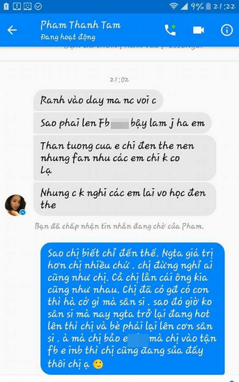 Chưa dừng lại ở đó, những hình ảnh chụp màn hình tin nhắn do các fans của Bảo Thy nhắn với Tâm Tít cũng được công khai khiến nhiều người choáng váng và không dám tin đó là những lời được nói ra từ miệng cô hotgirl xinh xắn ngày nào và giờ đang là một phụ nữ có gia đình hạnh phúc.
