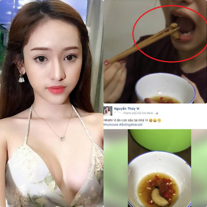 Mới đây, trên trang Facebook của Thúy Vi đăng tải đoạn clip có độ dài chưa đến một phút ghi lại cảnh cô vui vẻ thưởng thức những con "sâu lạ" kèm theo chú thích: "Vi ăn con sâu tại nhà Vi". Theo dõi những gì đang diễn ra trong clip này khiến nhiều người không khỏi rùng mình.