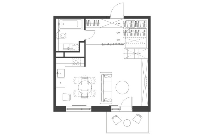 Mặt bằng căn hộ 35 m2. Theo kiến trúc sư, khi cần thiết sofa có thể được kéo áp tường để mở rộng căn bếp, phục vụ mở một bữa tiệc cho 10 người một cách thoải mái.