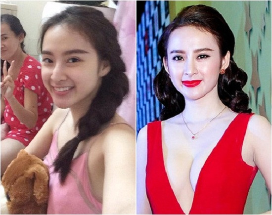 Angela Phương trinh xuất hiện với vẻ đẹp không tì vết sau khi trang điểm. Vẻ đẹp của cô khi bước trên thảm đỏ là sự khác biệt lớn so với khuôn mặt mộc trong cuộc sống hằng ngày.