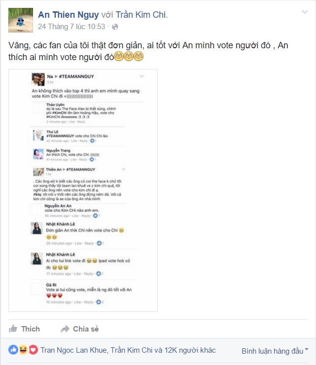 An Nguy vui vẻ, hài lòng khi fan mình ủng hộ Kim Chi.