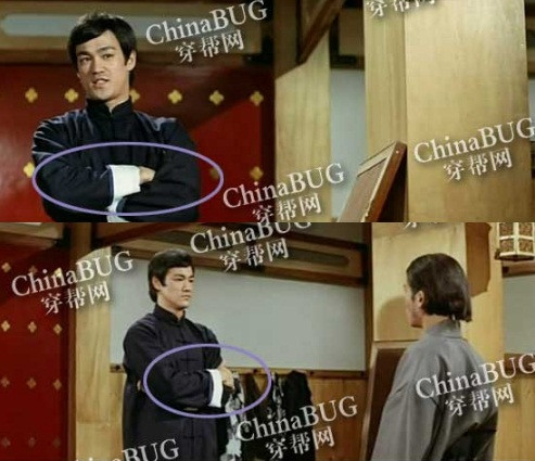 Chú ý cảnh Trần Chân nói với người của Hồng Khẩu đạo quán ý định muốn “nếm” mùi vị võ thuật Nhật Bản, lúc này bàn tay phải của anh đút luồn vào phía trong sau cánh tay trai. Khi cảnh quay hướng đến cả hai nhân vật, gồm võ sĩ Nhật đứng đối diện Trần Chân, lúc này tay phải quả anh lại đặt hoàn toàn bên ngoài.